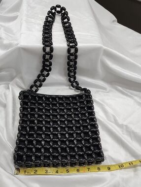 La Rue Wooden Beaded Handbag Square Grid-patterned. Zip Top. Crossbody